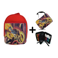 PACK MOCHILA ROJA Y ESTUCHE leyenda heroe verde dragon jefe mazmorra saga princesa material escolar