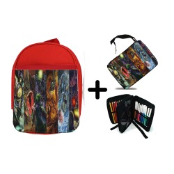 PACK MOCHILA ROJA Y ESTUCHE leyenda heroe verde sagas videojuegos jefes finales material escolar