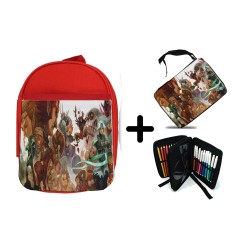 PACK MOCHILA ROJA Y ESTUCHE leyenda heroe verde personajes sagas princesa malvado material escolar