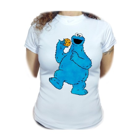 CAMISETA MUJER monstruo comedor de galletas peludo azul niños moda personalizada