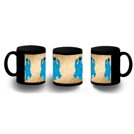 TAZA COMPLETAMENTE NEGRA monstruo comedor de galletas peludo azul niños personalizada