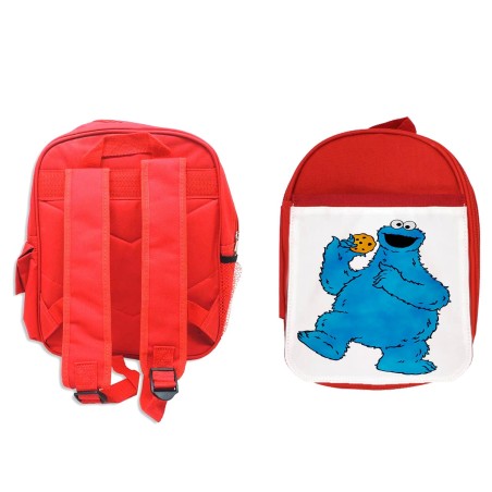 MOCHILA ROJA monstruo comedor de galletas peludo azul niños backpack rucksak