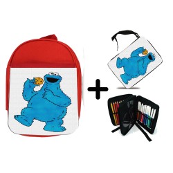 PACK MOCHILA ROJA Y ESTUCHE monstruo comedor de galletas peludo azul niños material escolar