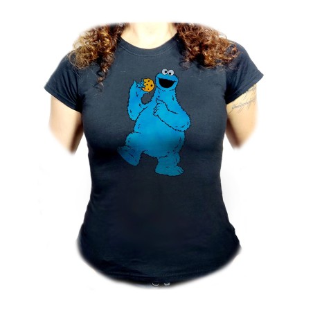 CAMISETA NEGRA MUJER monstruo comedor de galletas peludo azul niños oferta personalizada