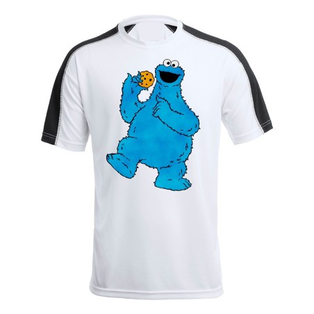 CAMISETA TÉCNICA FRANJA MANGAS NEGRA monstruo comedor de galletas peludo azul niños personalizada