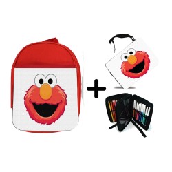 PACK MOCHILA ROJA Y ESTUCHE monstruo galletas divertido peludo rojo serie niños material escolar