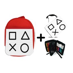 PACK MOCHILA ROJA Y ESTUCHE simbolos videojuegos consola mando famosos material escolar