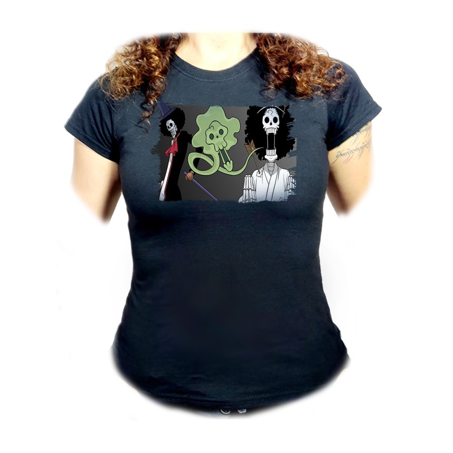 CAMISETA NEGRA MUJER one piece brook fantasma pirata musico mugiwara oferta personalizada