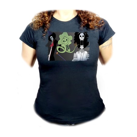 CAMISETA NEGRA MUJER one piece brook fantasma pirata musico mugiwara oferta personalizada