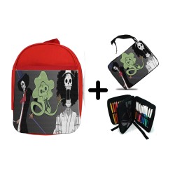 PACK MOCHILA ROJA Y ESTUCHE one piece brook fantasma pirata musico mugiwara material escolar