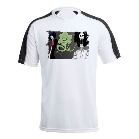 CAMISETA TÉCNICA FRANJA MANGAS NEGRA one piece brook fantasma pirata musico mugiwara personalizada