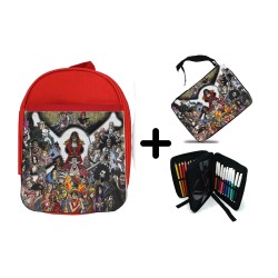 PACK MOCHILA ROJA Y ESTUCHE one piece todos gold d roger rey pirata piratas material escolar