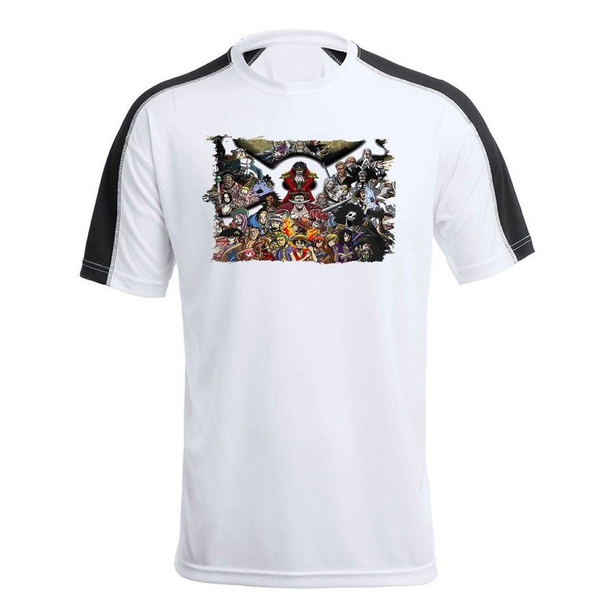 CAMISETA TÉCNICA FRANJA MANGAS NEGRA one piece todos gold d roger rey pirata piratas personalizada