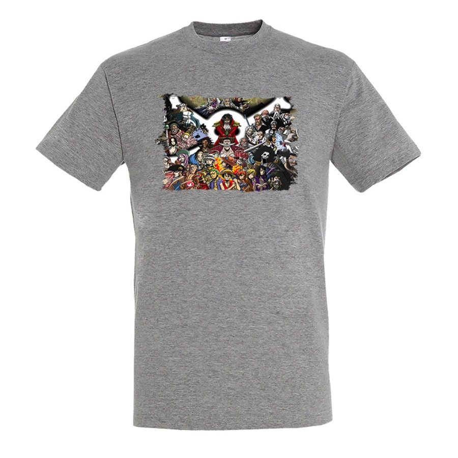 CAMISETA GRIS MEZCLA one piece todos gold d roger rey pirata piratas moda verano personalizada