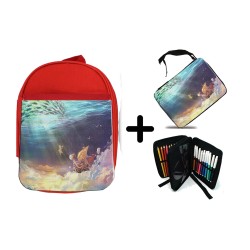 PACK MOCHILA ROJA Y ESTUCHE thousand sunny barco pirata mar one piece luffy material escolar