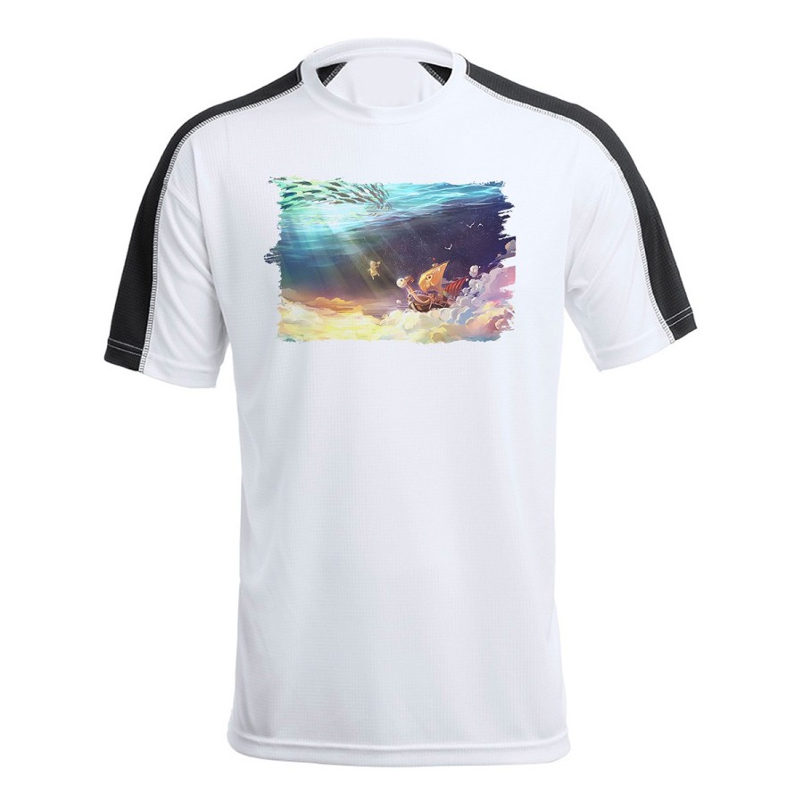 CAMISETA TÉCNICA FRANJA MANGAS NEGRA thousand sunny barco pirata mar one piece luffy personalizada