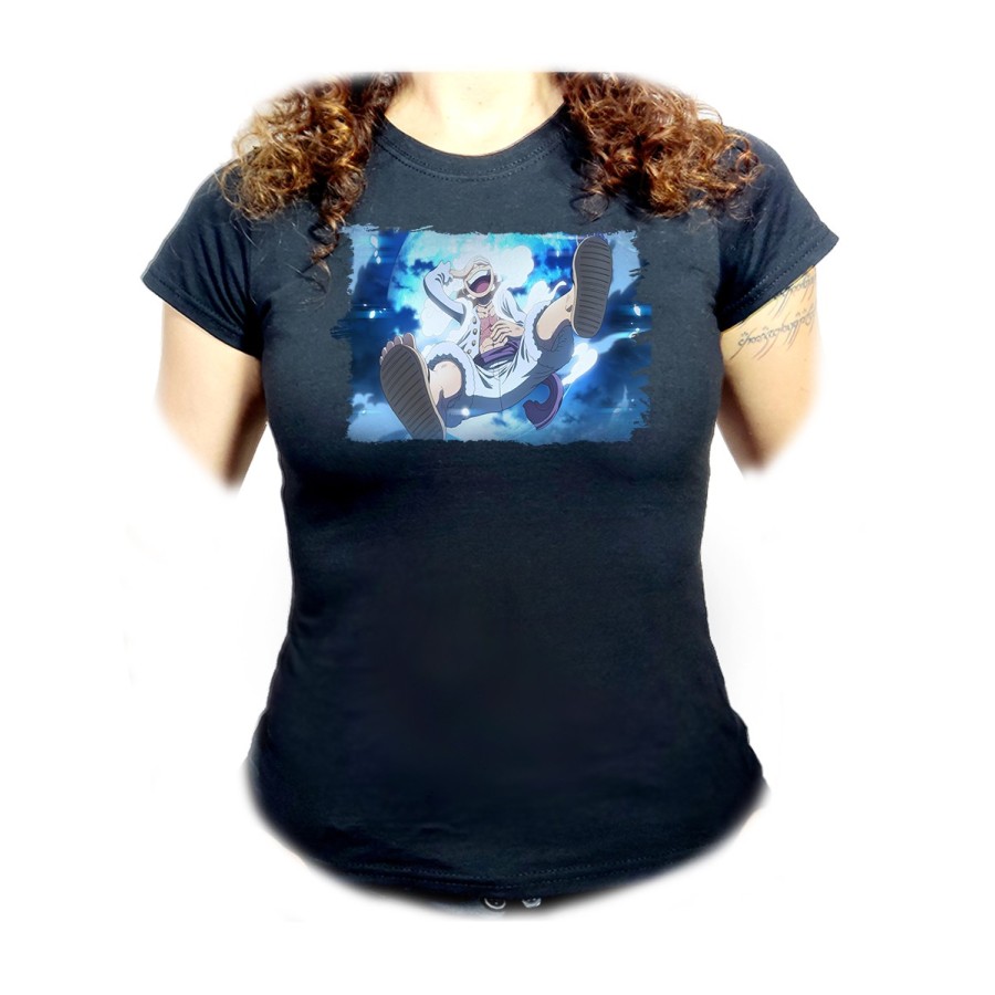 CAMISETA NEGRA MUJER one piece luffy nika gear 5 hito no mi pirata oferta personalizada