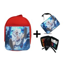 PACK MOCHILA ROJA Y ESTUCHE one piece luffy nika gear 5 hito no mi pirata material escolar