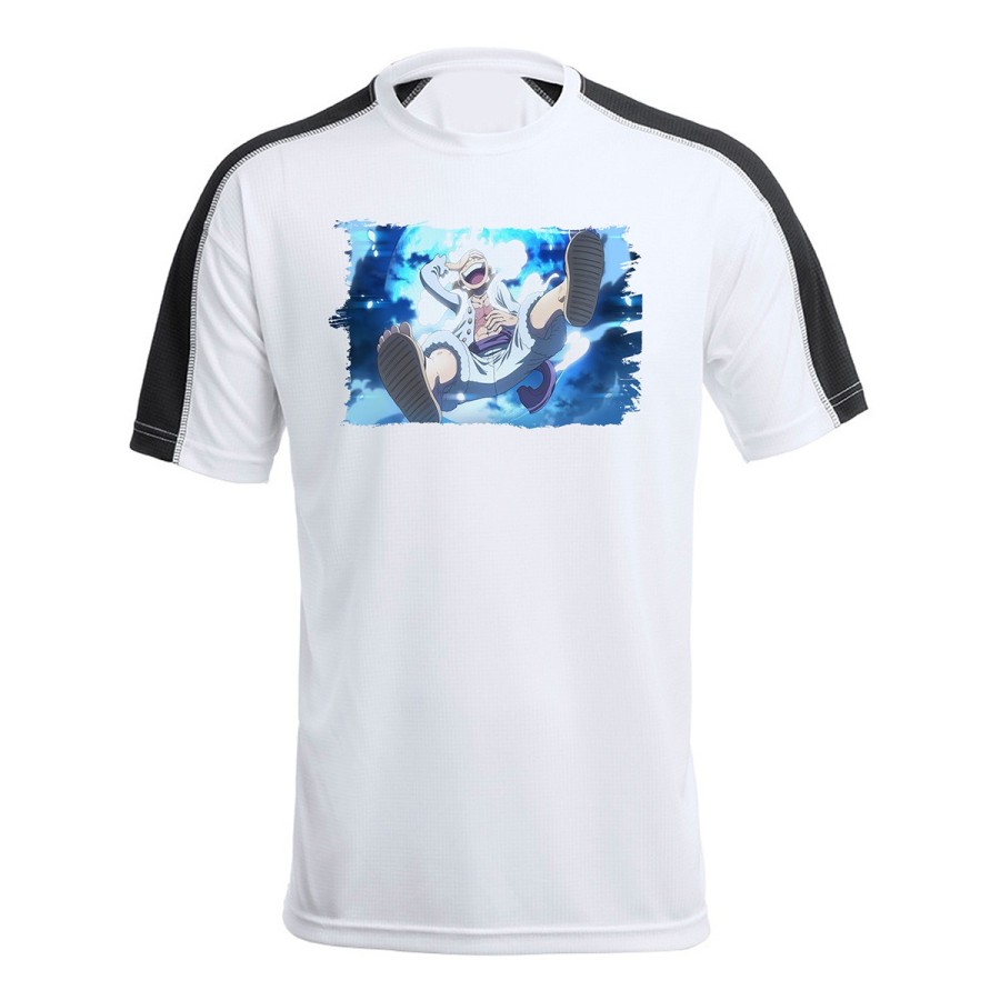 CAMISETA TÉCNICA FRANJA MANGAS NEGRA one piece luffy nika gear 5 hito no mi pirata personalizada
