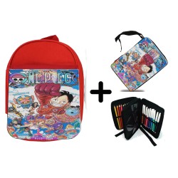 PACK MOCHILA ROJA Y ESTUCHE one piece mugiwara temporada manga isla egghead material escolar