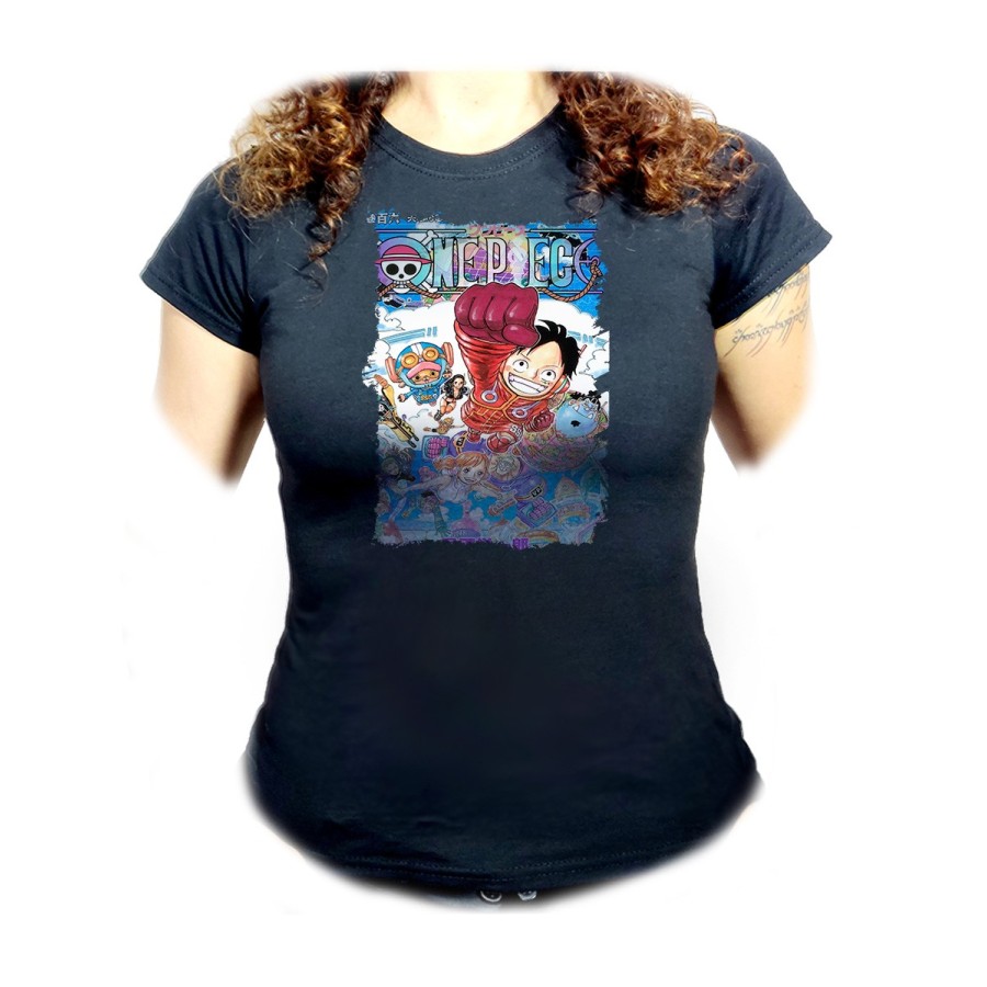 CAMISETA NEGRA MUJER one piece mugiwara temporada manga isla egghead oferta personalizada