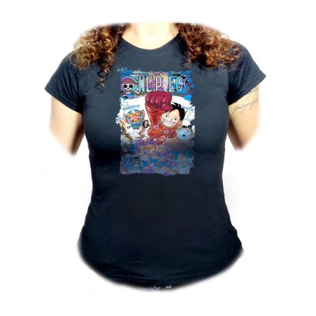 CAMISETA NEGRA MUJER one piece mugiwara temporada manga isla egghead oferta personalizada