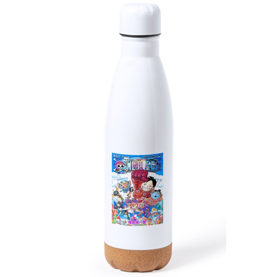 BIDON 750 ML ACERO INOXIDABLE ADORNO DE CORCHO one piece mugiwara temporada manga isla egghead tapon botella