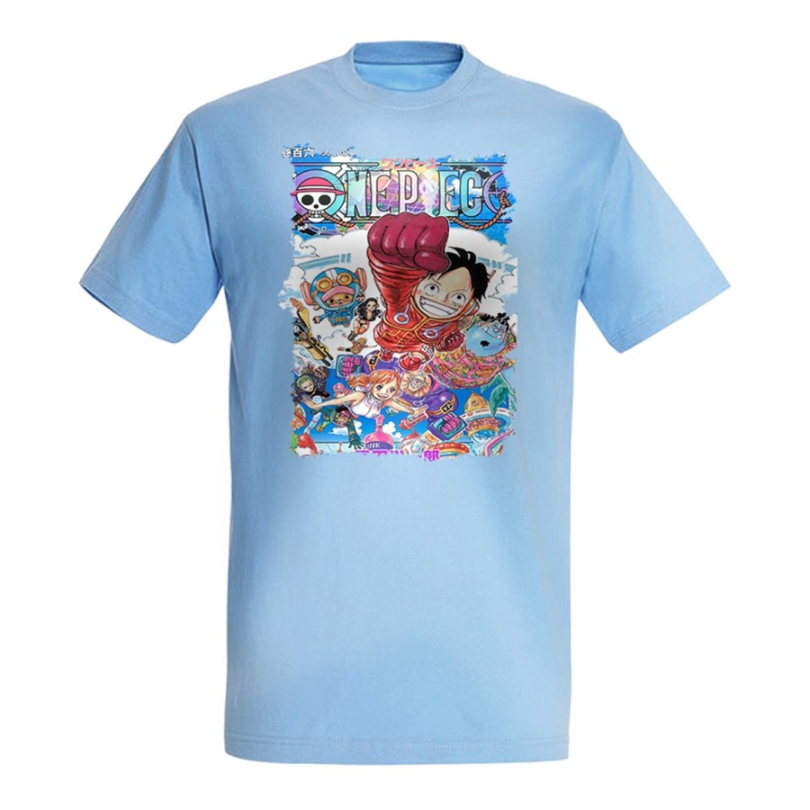 CAMISETA AZUL CIELO one piece mugiwara temporada manga isla egghead moda verano personalizada