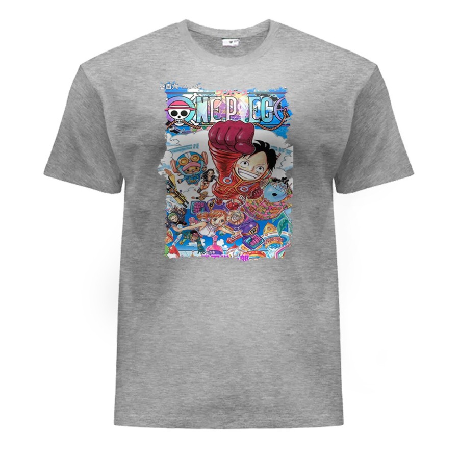 CAMISETA GRIS MEZCLA one piece mugiwara temporada manga isla egghead moda verano personalizada