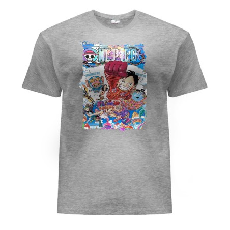 CAMISETA GRIS MEZCLA one piece mugiwara temporada manga isla egghead moda verano personalizada