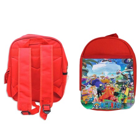 PACK MOCHILA ROJA Y ESTUCHE one piece temporada saga isla egghead futurista material escolar