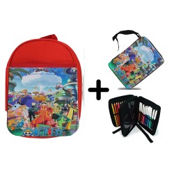 PACK MOCHILA ROJA Y ESTUCHE one piece temporada saga isla egghead futurista material escolar