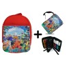 PACK MOCHILA ROJA Y ESTUCHE one piece temporada saga isla egghead futurista material escolar