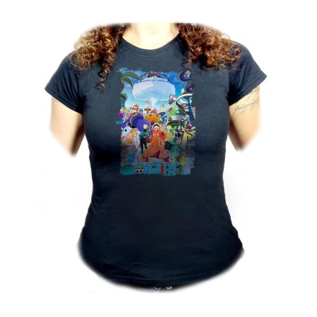 CAMISETA NEGRA MUJER one piece temporada saga isla egghead futurista oferta personalizada