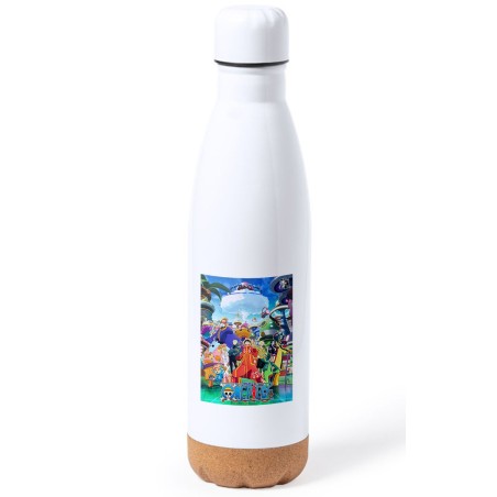 BIDON 750 ML ACERO INOXIDABLE ADORNO DE CORCHO one piece temporada saga isla egghead futurista tapon botella