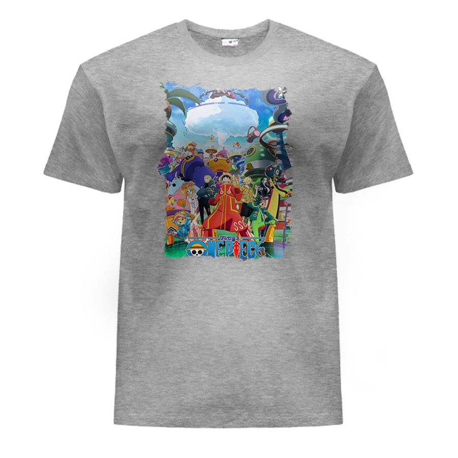 CAMISETA GRIS MEZCLA one piece temporada saga isla egghead futurista moda verano personalizada