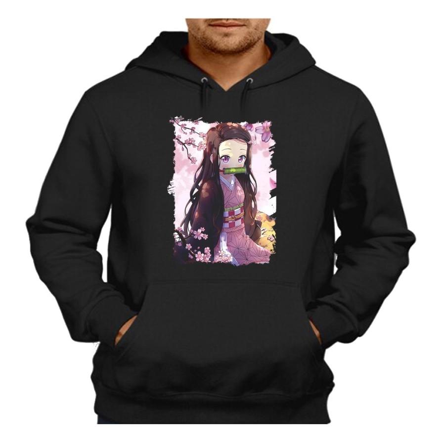 SUDADERA NEGRA CON CAPUCHA kimetsu no yaiba nezuko cazador demonios carmesi adulto poliester algodón personalizada