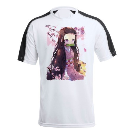 CAMISETA TÉCNICA FRANJA MANGAS NEGRA kimetsu no yaiba nezuko cazador demonios carmesi personalizada