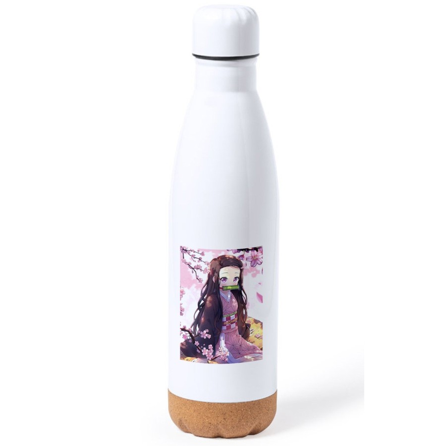 BIDON 750 ML ACERO INOXIDABLE ADORNO DE CORCHO kimetsu no yaiba nezuko cazador demonios carmesi tapon botella