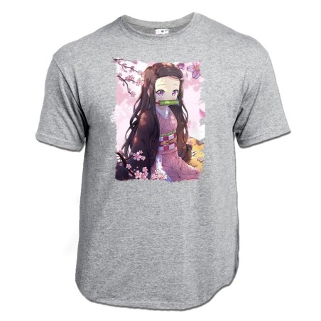 CAMISETA GRIS MEZCLA kimetsu no yaiba nezuko cazador demonios carmesi moda verano personalizada