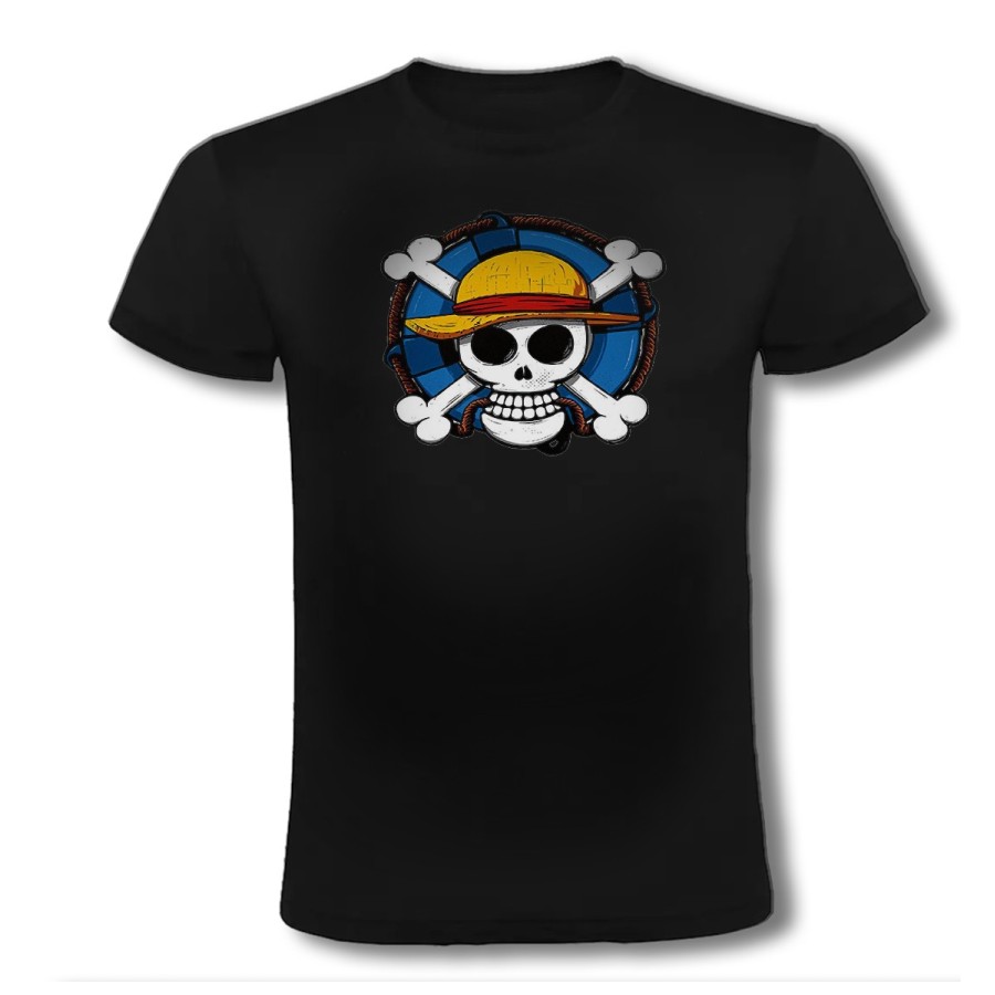 CAMISETA NEGRA One piece logo calavera barco pirata luffy moda verano personalizada