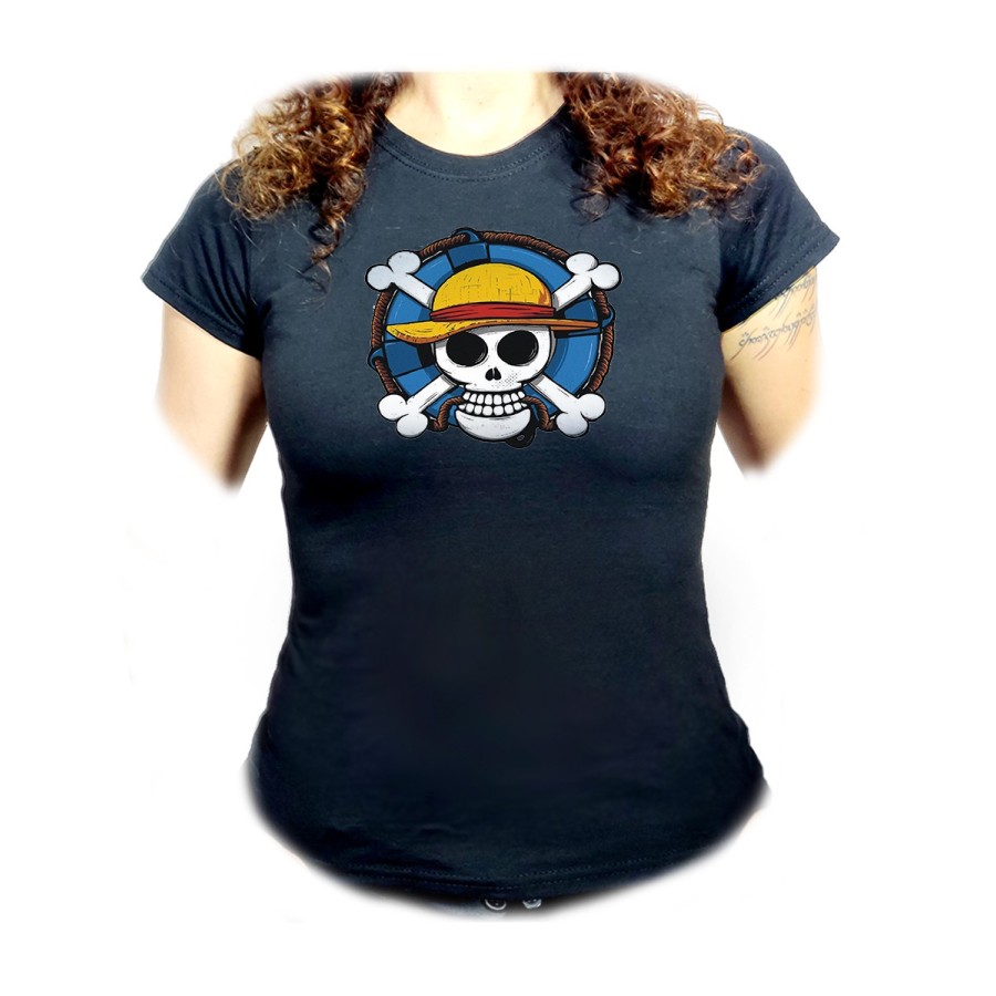 CAMISETA NEGRA MUJER One piece logo calavera barco pirata luffy oferta personalizada