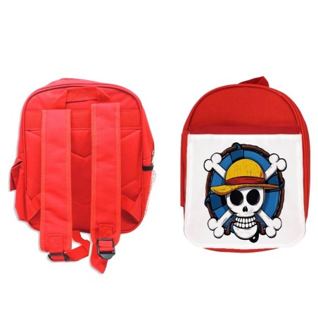 MOCHILA ROJA One piece logo calavera barco pirata luffy escolar personalizado