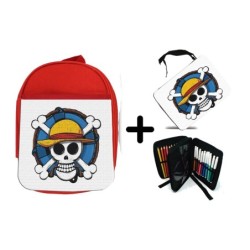 PACK MOCHILA ROJA Y ESTUCHE One piece logo calavera barco pirata luffy material escolar