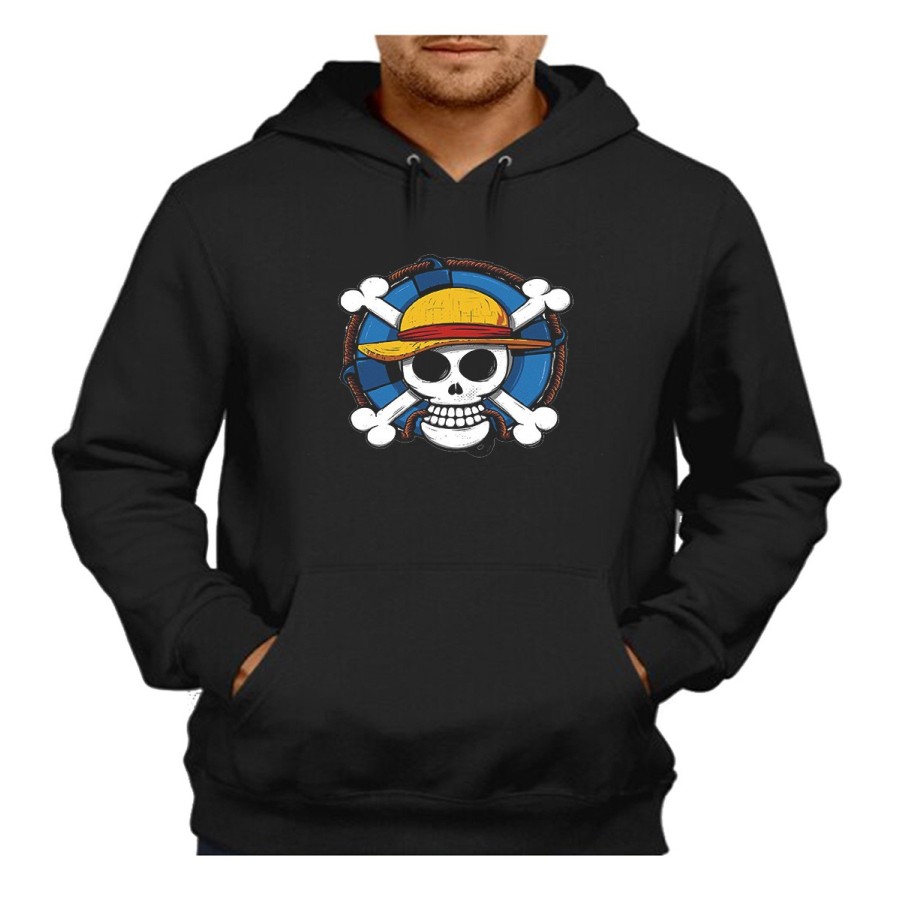 SUDADERA NEGRA CON CAPUCHA One piece logo calavera barco pirata luffy adulto poliester algodón personalizada