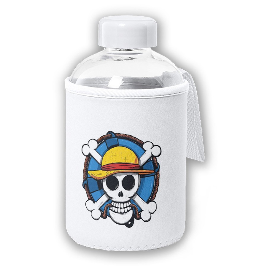 BIDON CRISTAL CON FUNDA SOFT SHELL One piece logo calavera barco pirata luffy tapon seguridad botella