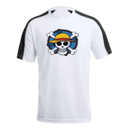 CAMISETA TÉCNICA FRANJA MANGAS NEGRA One piece logo calavera barco pirata luffy personalizada