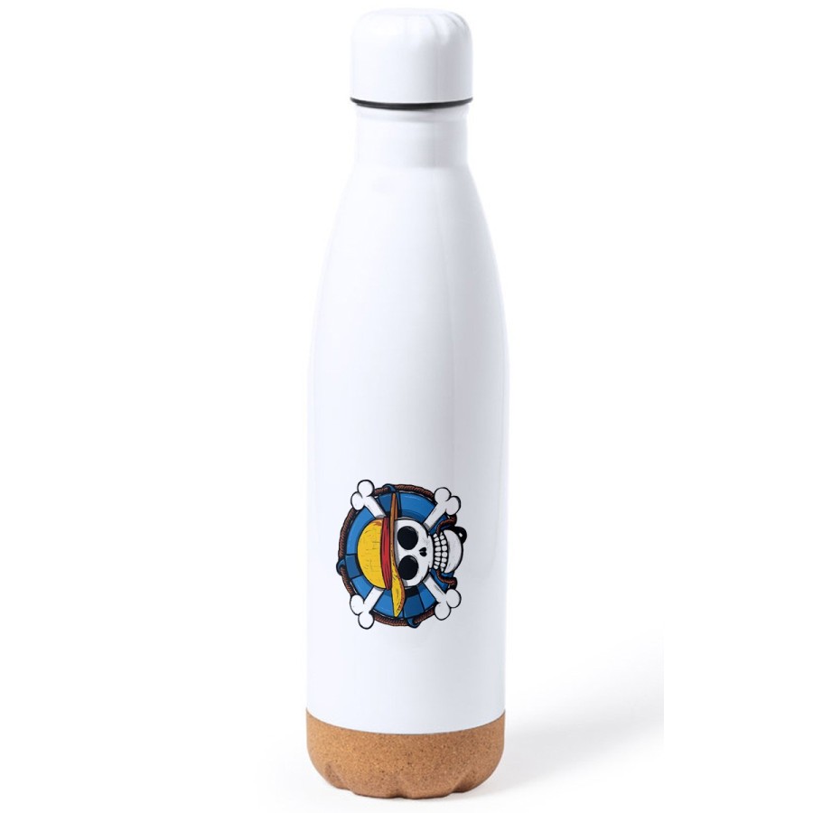 BIDON 750 ML ACERO INOXIDABLE ADORNO DE CORCHO One piece logo calavera barco pirata luffy tapon botella