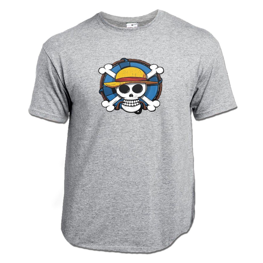 CAMISETA GRIS MEZCLA One piece logo calavera barco pirata luffy moda verano personalizada