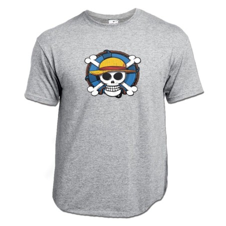 CAMISETA GRIS MEZCLA One piece logo calavera barco pirata luffy moda verano personalizada